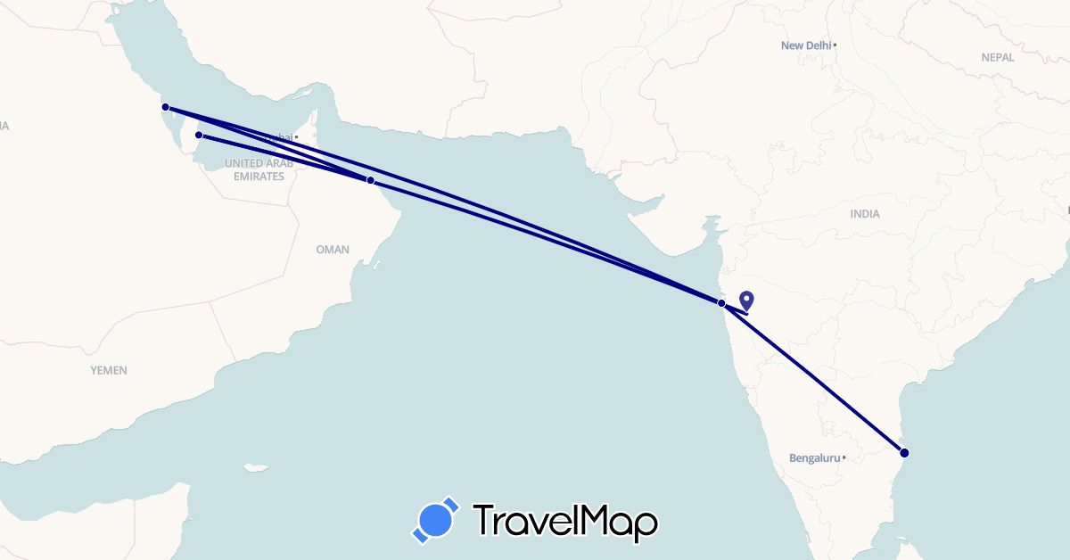 TravelMap itinerary: driving in India, Oman, Qatar, Saudi Arabia (Asia)